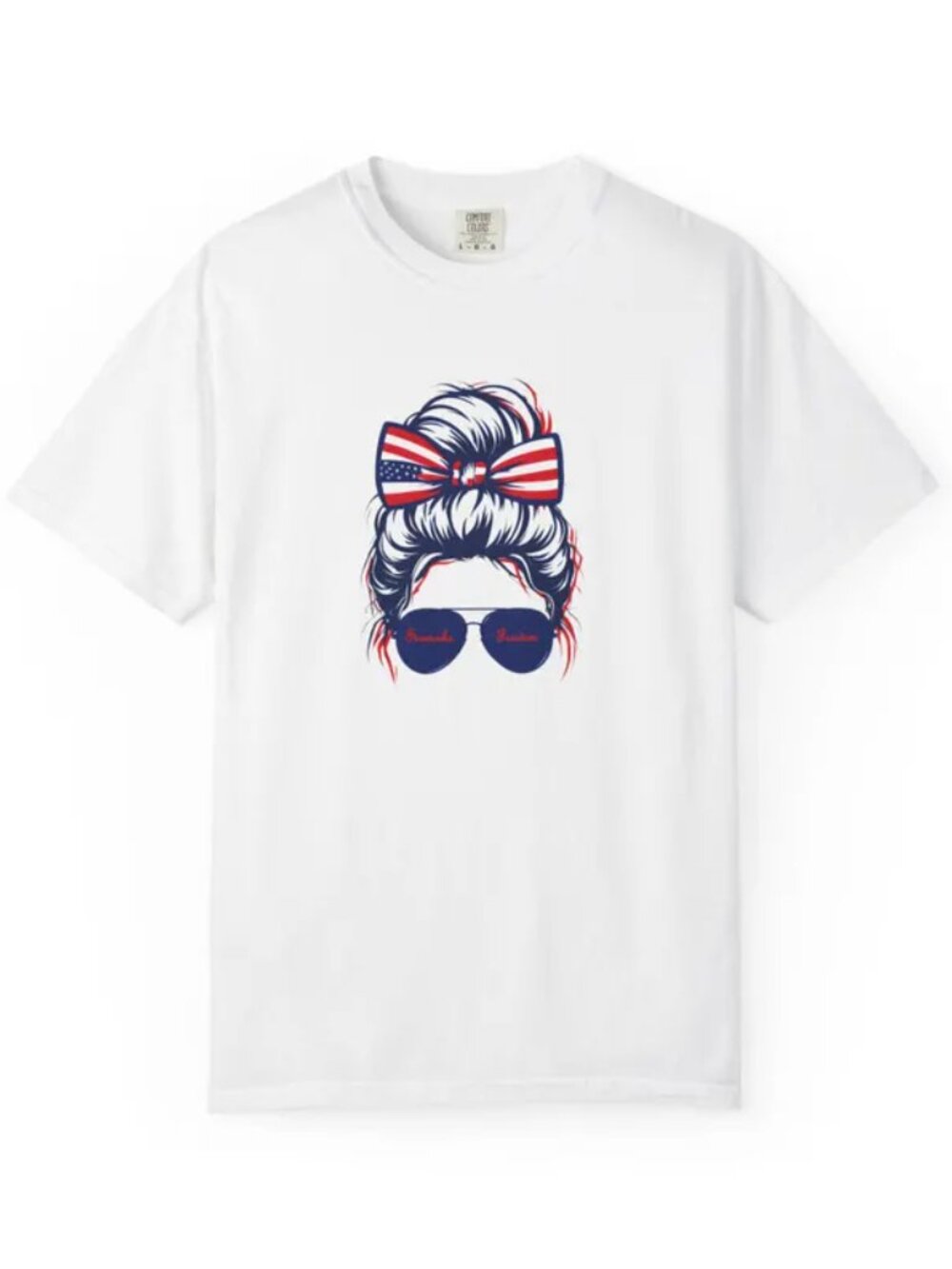 Patriotic Messy Bun Graphic Tee Fireworks And Freedom Red White And Blue Design
